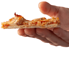hand holding a slice of pizza
